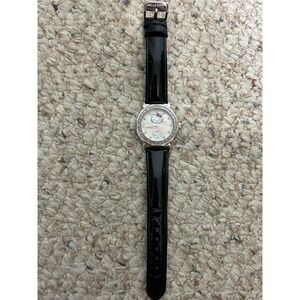 Hello Kitty Women's Watch Silver Tone Rhinestone Bezel Black Band